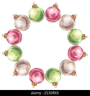 Weihnachtsbaumkugeln runder Kranz, Rahmen rot-grün-silberne Spielzeuge. Farbenfrohe Neujahrsdekoration. Handgezeichnete Aquarellillustration isoliert Stockfoto