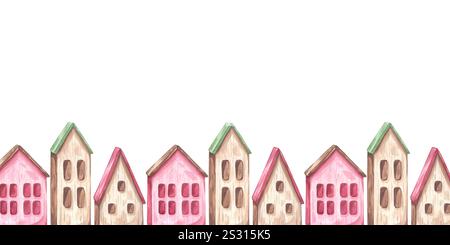 Spielzeug-hölzernes kleines Hausbanner. Cottage mit rot-grünem Dachschräge für Zwerge oder Elfen. Einrichtung für Weihnachten und Neujahr. Handgezeichnetes Aquarell Stockfoto