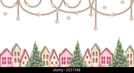 Hölzernes kleines Haus, Weihnachtsbaum. Nahtloses Bannerband für die Dorfstadt. Perlenanhänger, Sterne am Himmel. Dekor Neujahr. Handgezeichnetes Aquarell Stockfoto