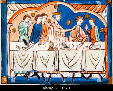 Der Tod von Earl Godwin, König Eduard der Bekenner, fordert Godwin, Earl of Wessex, bei einem königlichen Bankett in Winchester am 15. April 1053 aus einem beleuchteten Manuskript aus dem 12. Jahrhundert, 1100-1199 heraus Stockfoto