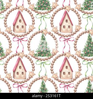Kleines hölzernes Haus mit nahtlosem Muster von Weihnachtsbäumen. Cottage mit rot-grünem Dachschräge für Zwerge oder Elfen. Neujahr. Handgezeichnetes Aquarell Stockfoto