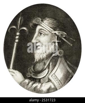 König Cnut (1035), auch bekannt als Canute der große und König Canute, war König von England von 1016 bis 1035, König von Dänemark von 1018 bis 1035 und König von Norwegen von 1028 bis 1035, Porträtstich von George Vertue von 1745 Stockfoto