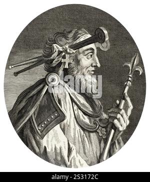 King Canute (1035), auch bekannt als Cnut der große und König Cnut, war König von England von 1016 bis 1035, König von Dänemark von 1018 bis 1035 und König von Norwegen von 1028 bis 1035, Porträtstich aus dem 18. Jahrhundert von 1700-1799 Stockfoto