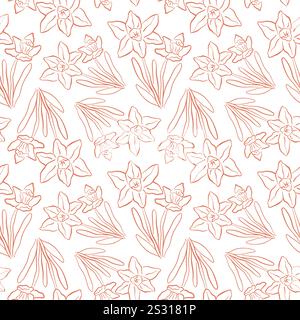 Nahtloses Linienmuster mit Narzissen und Blättern im Linienstil. Perfekt für Frühlingsdesign, Textilien, Tapeten und Hintergrund. Stock Vektor