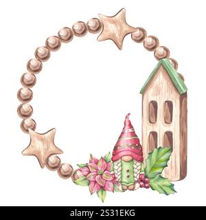 Weihnachtlicher Rundkranzrahmen. GNOME Elfenmädchen, Ast-Kiefer mit Holzhaus, Weihnachtsstern, stechpalme. Botanische Blumenkomposition. Neujahr Stockfoto