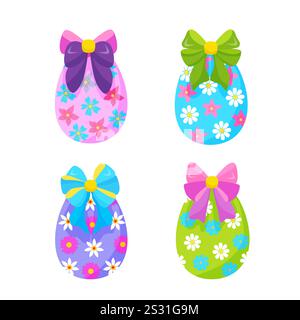 Bunte handgezeichnete Ostereier mit Bögen, Bändern und Blumen. Vektor Stock Vektor