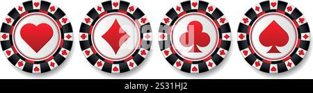 Satz Pokerchips. Online-Casino-Glücksspiel-Konzept Pik, Herzen, Diamanten, Clubs. Stock Vektor