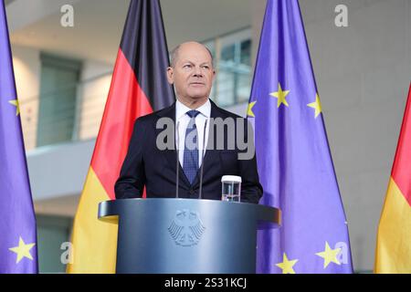 Berlin, Deutschland. Januar 2025. Bundeskanzler Olaf Scholz (SPD) gibt eine Pressemitteilung im Bundeskanzleramt ab. Quelle: Kay Nietfeld/dpa/Alamy Live News Stockfoto