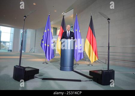 Berlin, Deutschland. Januar 2025. Bundeskanzler Olaf Scholz (SPD) gibt eine Pressemitteilung im Bundeskanzleramt ab. Quelle: Kay Nietfeld/dpa/Alamy Live News Stockfoto