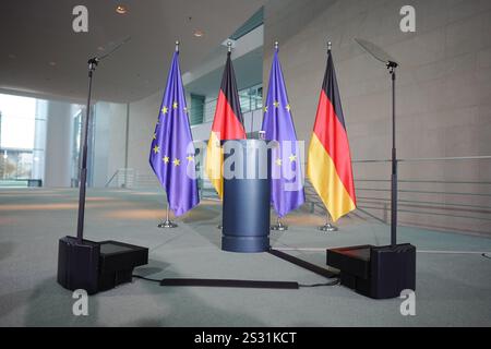 Berlin, Deutschland. Januar 2025. Ort, an dem der Bundeskanzler seine Presseerklärung im Bundeskanzleramt abgeben kann. Quelle: Kay Nietfeld/dpa/Alamy Live News Stockfoto