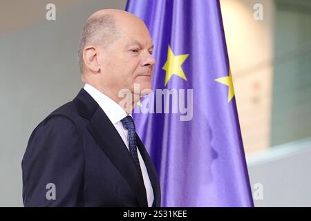 Berlin, Deutschland. Januar 2025. Bundeskanzler Olaf Scholz (SPD) gibt eine Pressemitteilung im Bundeskanzleramt ab. Quelle: Kay Nietfeld/dpa/Alamy Live News Stockfoto