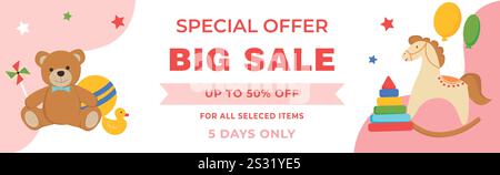 Werbebanner mit Teddybär, Pferd, Ball, Ente. Banner für die Spielzeugaufbewahrung. Stock Vektor