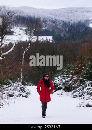 Eine Person läuft in Richtung des Hell Fire Clubs in Dublin, bevor am Mittwochabend eine Statusorange-Warnung für die meisten Grafschaften ausgegeben wird. Schnee und Minusgraden haben bereits zu gefährlichen Fahrbedingungen geführt und Tausende von Haushalten mit Strom und Wasser versorgt. Die Besatzungen verschiedener Agenturen arbeiten daran, gestrandeten Gemeinden zu helfen. Bilddatum: Mittwoch, 8. Januar 2025. Stockfoto