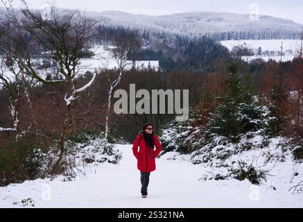 Eine Person läuft in Richtung des Hell Fire Clubs in Dublin, bevor am Mittwochabend eine Statusorange-Warnung für die meisten Grafschaften ausgegeben wird. Schnee und Minusgraden haben bereits zu gefährlichen Fahrbedingungen geführt und Tausende von Haushalten mit Strom und Wasser versorgt. Die Besatzungen verschiedener Agenturen arbeiten daran, gestrandeten Gemeinden zu helfen. Bilddatum: Mittwoch, 8. Januar 2025. Stockfoto