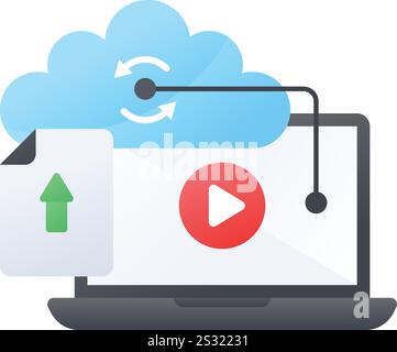 Upload auf Remote Server Konzept, Design der Vektorfarbe der Cloud Media Transmission, Symbol für Webhosting-Service, Zeichen für Computermaschinen, Internet A Stock Vektor
