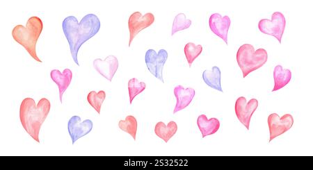 Aquarellfarben rosa, lila, blau, rote Herzen in verschiedenen Formen setzen Illustration. Romantische farbenfrohe Elemente für Save the date, Valentinstag, Geburtstag Stockfoto