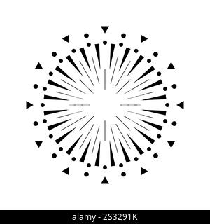 Feuerwerk-Ausbruchgrafik mit Lichtstrahlen. Kreisförmige Explosionskonstruktion mit Funken und Strahlungslinien. Sonnenlicht bricht oder Feuerwerk inspiriert. Minimalistisches Schwarz-weiß-Konzept Stock Vektor
