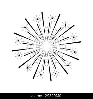 Abstrakte Spark-Ikone mit kreisförmigem Feuerwerk. Strahlungsreflexion und Explosionseffekt. Der Feuerwerkskörper platzte in einem minimalen Schwarz auf weiß isolierten Stil Stock Vektor
