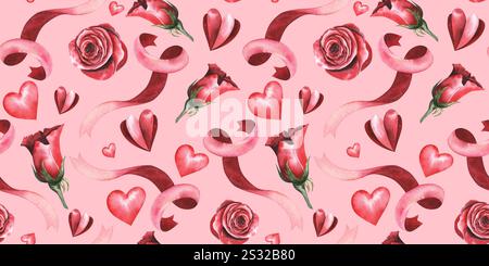 Nahtloses Valentinstag-Muster mit roten Rosen und Herzen. Hand gezeichneter nahtloser Hintergrund. Aquarellband. Digitales Papier. Rosa Stockfoto