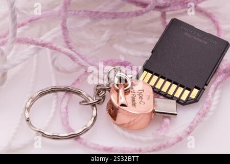 SD-Karte und SD-Mikroleser-Adapter auf Typ C-Anschluss. Hochwertige Fotos Stockfoto