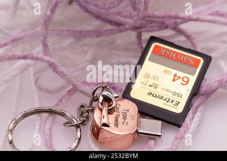 SD-Karte und SD-Mikroleser-Adapter auf Typ C-Anschluss. Hochwertige Fotos Stockfoto