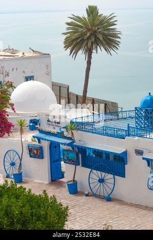 Mai 2024. Sidi Bou Said, Tunesien. Café des Délices oder Café Sidi Chabaane, das berühmteste Café in Sidi Bou Said, einer der besten Orte, um Cof zu trinken Stockfoto