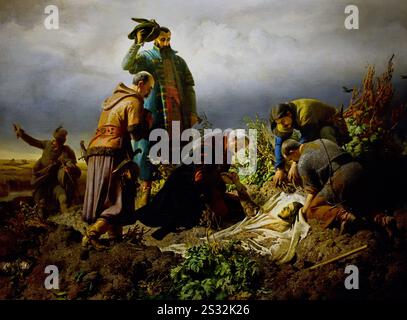 Die Entdeckung des Leichnams König Ludwig II. 1860 durch Bertalan Székely (1835–1910) Kunstmuseum, Ungarn, verewigt durch den ungarischen Maler Bertalan Székely. Laut Wikipedia wurde fast die gesamte ungarische königliche Armee in fast zwei Stunden auf dem Schlachtfeld zerstört. Stockfoto