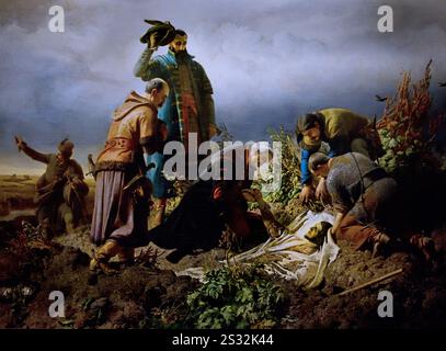 Die Entdeckung des Leichnams König Ludwig II. 1860 durch Bertalan Székely (1835–1910) Kunstmuseum, Ungarn, verewigt durch den ungarischen Maler Bertalan Székely. Laut Wikipedia wurde fast die gesamte ungarische königliche Armee in fast zwei Stunden auf dem Schlachtfeld zerstört. Stockfoto