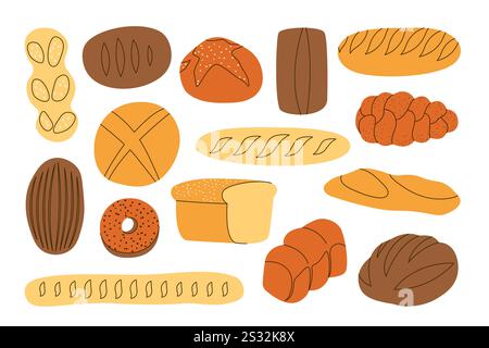 Cartoon Brotset. Frische Backwaren, geschnittenes Brot Baguette ciabatta Sauerteig Roggen Bagel Brötchen, gesunde Bio-Gebäck Lebensmittel. Vector Flat Collection. Stockfoto