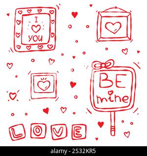 Liebe Red Doodles. Ein Satz handgezeichneter Kritzeleien. Rahmen, Polaroid-Foto, Banner. Liebe, sei mein, ich liebe dich. Stock Vektor