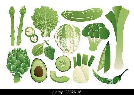 Grünes Gemüse. Frische Bio-Lebensmittel mit Kritzelerbsen, Gurke, Salatblatt, Pfeffer, Lauch, Brokkoli für die Menügestaltung. Vektor-Gemüse-Set Stock Vektor