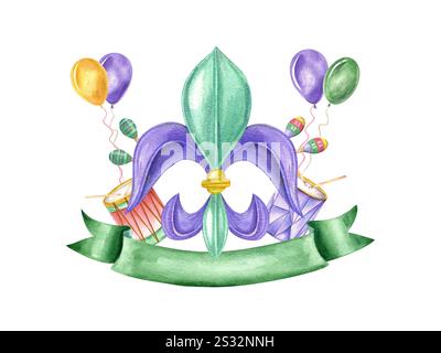 Mardi Gras Fleur de Lis Symbol mit Ballons, Musikinstrumenten und grünem Banner für Textabbildung. Karnevalsemblem für New Orleans Stockfoto