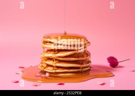 Pancakes Ahornsirup-Blüten. Kuchen Essen Dessert. Ai Generieren Stockfoto