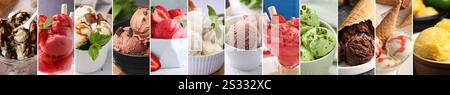 Leckeres Eis in verschiedenen Geschmacksrichtungen, Collage Stockfoto
