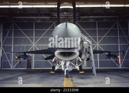 Nase auf Ansicht von Montana ANG F-16A bei 5-minütigem Alarmstatus in Alarmscheune bei Det 1 120 ABB. Davis-Monthan AFB, AZ. Stockfoto