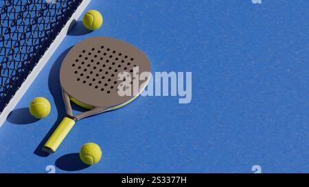 Ein Paddle und Tennisbälle auf einer blauen Spielfläche, bereit für ein Spiel. 3D-Rendering Stockfoto