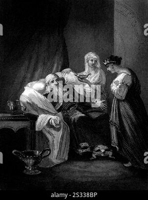 Stahlgravierung von David, Bathseba und Salomo – Bathseba sicherte Salomos Thronfolge erfolgreich, während David auf seinem Sterbebett lag (K Stockfoto