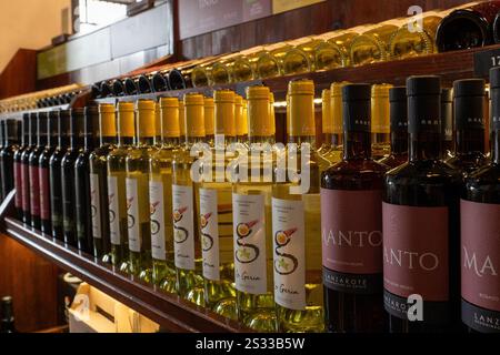 La Geria, Spanien: 16. Oktober 2024: Kanarische Weine im klassischen Weingut La Geria auf der Touristeninsel Lanzarote im Jahr 2024. Stockfoto