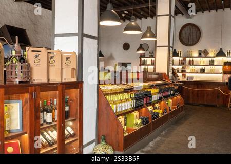 La Geria, Spanien: 16. Oktober 2024: La Geria Classic Winery Shop auf der Touristeninsel Lanzarote im Jahr 2024. Stockfoto