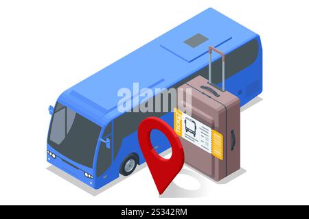 Blauer Bus, Gepäck und Positionsstift. Isometrischer Vektor eines blauen Busses, Reisegepäck und eine rote Positionsnadel, die Navigation und Reise darstellt Stock Vektor