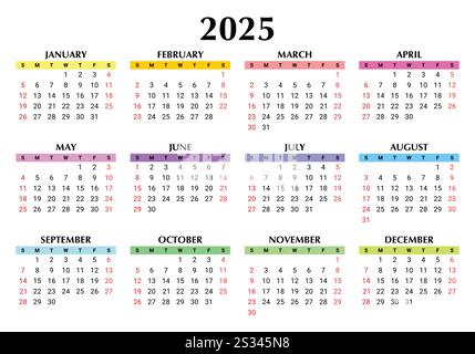englischer Farbkalender für 2025 Jahre. Vektorabbildung. Woche beginnt Sonntag Stock Vektor