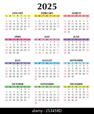 englischer Farbkalender für 2025 Jahre. Vektorabbildung. Woche beginnt Sonntag Stock Vektor