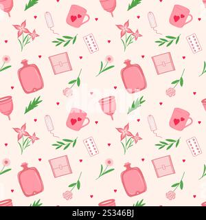 Nahtloses Muster von Hygieneartikeln für Frauen und Blumenelementen Stock Vektor