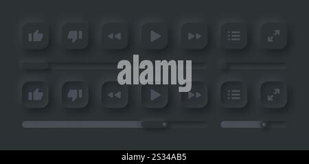 Online Video Media Player UI Neumorphismus Dark Version Vector Design-Elemente auf Hintergrund gesetzt. UI-Komponenten Schaltflächen, Balken, Schieberegler in einfacher Eleganz Stockfoto