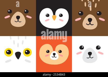 Vektor-Set-Bündel von flachen Zeichentrickfilm Kritzele wildes Tier Gesicht Stock Vektor