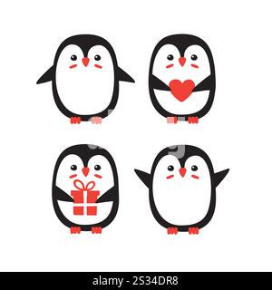 Vektorsatz von Hand gezeichnetem Doodle Flat Cartoon Pinguin isoliert auf weißem Hintergrund Stock Vektor
