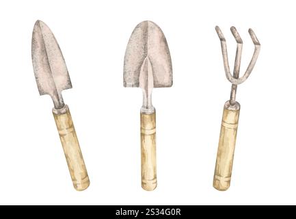 Gartenwerkzeuge Aquarell Clipart. Abbildung: Spaten, Kelle und Gabel oder Unkrautkäse. Ideal für Heimwerkerprojekte, Planerentwürfe, Lehrdrucke oder handwerkliche Waren aus der Landwirtschaft Stockfoto