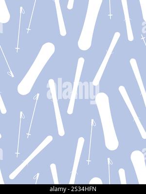 Nahtloses Vektor-Muster der weißen flachen Ski- und Snowboard-Silhouette isoliert auf blauem Hintergrund Stock Vektor