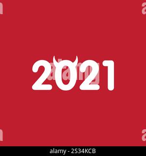 Vektor flache Zeichentrickfilm weiß 2021 Neujahrsbeschriftung mit Stierhörnern isoliert auf rotem Hintergrund Stock Vektor