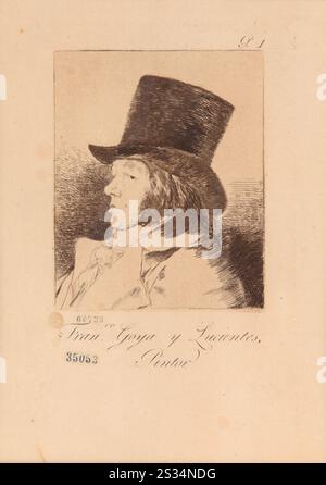 Titel: Selbstbildnis (Autorretrato) (Serie Los Caprichos - die Caprices) Künstler: Francisco José de Goya y Lucientes Jahr: 1799 Medium: Ätzung, japanischer Meißel, brünierte Aquatinte auf Büttenpapier Abmessungen: 36 x 26 cm Ort: Museo Nacional de Bellas Artes, Buenos Aires Stockfoto